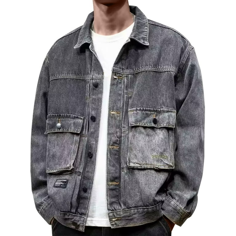 Hoomeumy Men s Denim Jacket Button Up Oversized Long Sleeve Vintage Washed Streetwear Outwear Loose Fit with Pockets Gray Xxxxl Size 4XL US 16