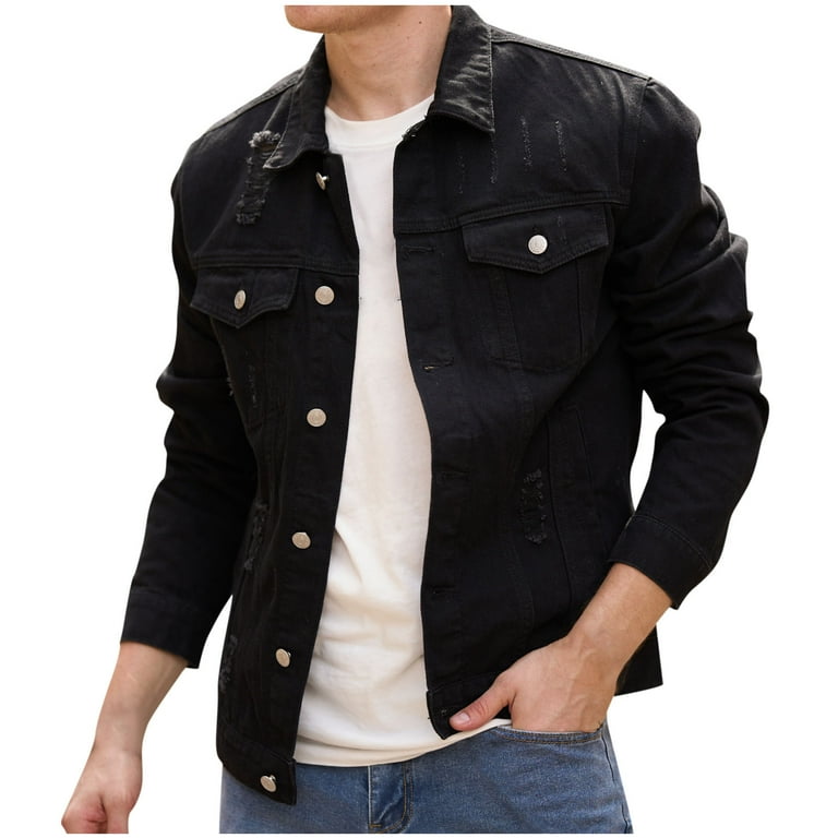 HOOMEUMY Men's Denim Jacket Distressed Ripped Long Sleeve Turndown