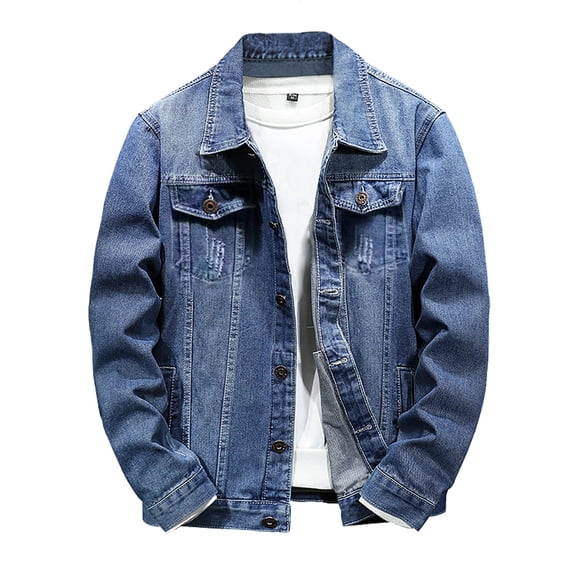 HOOMEUMY Men's Denim Jacket Long Sleeve Button Up Jean Jacket Turndown Collar Classic Fit Outwear with Pockets b_Dark Blue XL