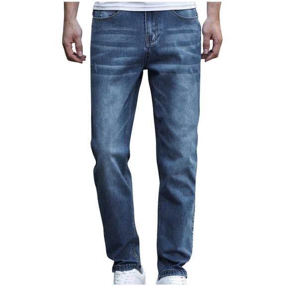 HOOMEUMY Men's Denim Jeans Straight Leg Pants Comfortable Stretch Blue Jeans for Men Everyday Wear with Pockets Blue M