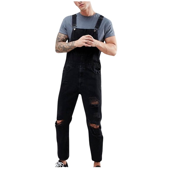 HOOMEUMY Men's Denim Overalls Bib Dungarees Ripped Hole Loose Fit Straight Long Pants Jumpsuits Suspender Trousers Overalls Black S