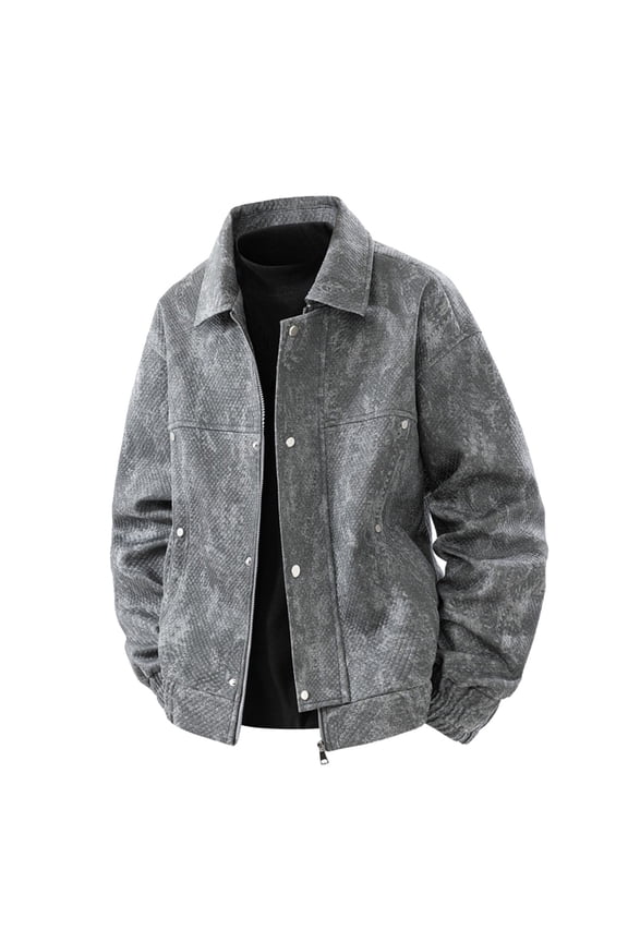 Men's Denim Zipper Jacket Lapel Tie Dyed Outdoor Coat Long Sleeve Casual Loose Outwear With Double Pockets (Gray,M)