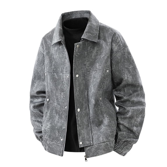 HOOMEUMY Men's Denim Zipper Jacket Lapel Tie Dyed Outdoor Coat Long Sleeve Casual Loose Outwear With Double Pockets (Gray,XXL)