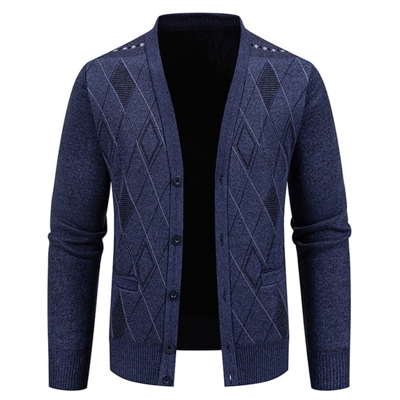 HOOMEUMY Men's Pattern Cardigan Sweater Lightweight Long Sleeve Button Up Casual Knitwear Tops Dark Blue XXXL