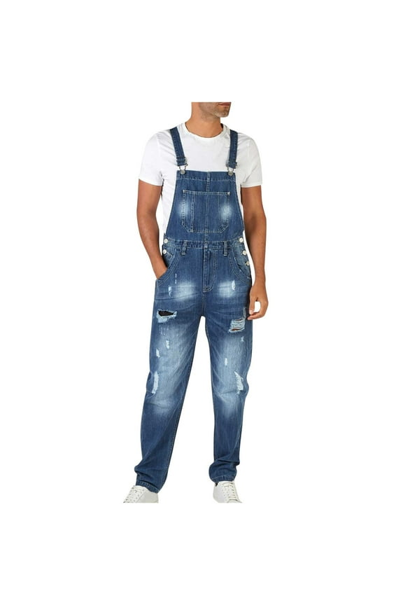 Men's Distressed Denim Strap Pants Bib Suspender Dungarees Carpenter Baggy Straight Jeans Jumpsuit Blue Blue M