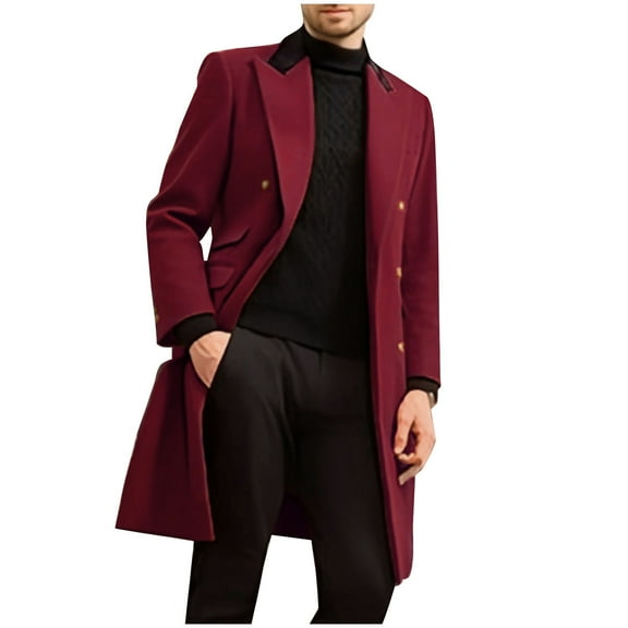 HOOMEUMY Men's Double Breasted Wool Blend Overcoat Winter Warm Overcoat Long Trench Coat Business Outerwear Jacket Red XL