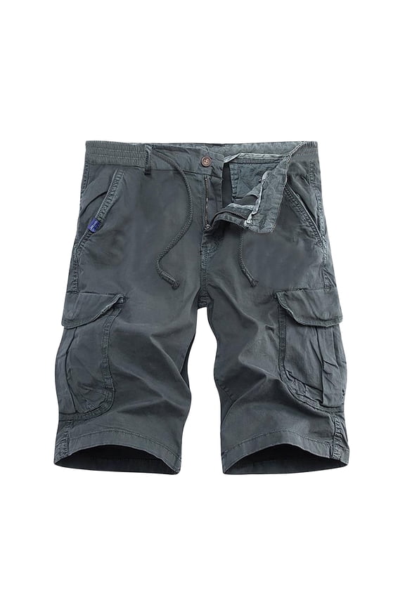 Men's Drawstring Cargo Shorts Multi-Pockets Straight Fit Bermuda Shorts Solid Color Summer Beachwear Knee Length Shorts Gray M
