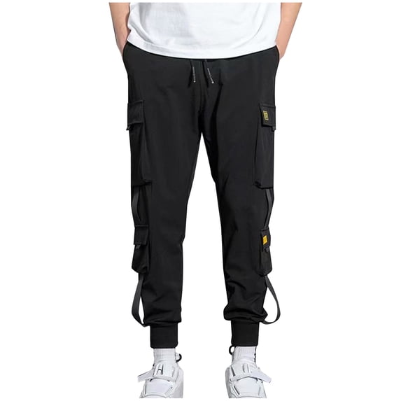 HOOMEUMY Men's Drawstring Harem Pants Multi-Pocket Straight Long Trousers Streetwear Hip Hop Joggers Sweatpants Black XXL