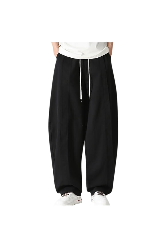 Men's Drawstring Hippie Harem Pants Solid Color Wide Leg Pant Loose Fit Elastic Waist Casual Trousers with Pockets (Black,L)