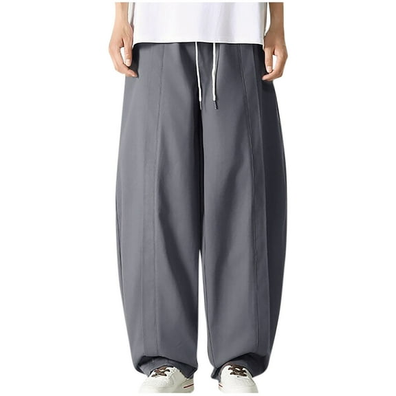 HOOMEUMY Men's Drawstring Hippie Harem Pants Solid Color Wide Leg Pant Loose Fit Elastic Waist Casual Trousers with Pockets (Gray,L)