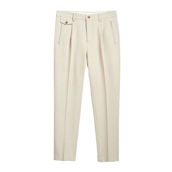 HOOMEUMY Men's Dress Pants Pleated Slim Fit Formal Straight Business Trousers Solid Color Casual Office Work Pants Beige XXXXXL
