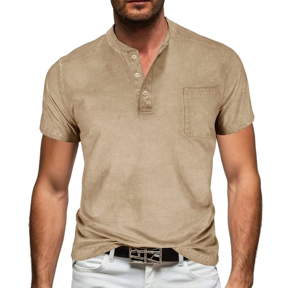 HOOMEUMY Men's Fashion Button Placket Short Sleeve Tops Lightweight Casual Basic Tees with Pocket for Daily Streetwear & Holiday Khaki L