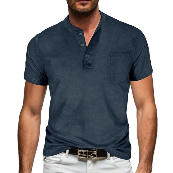 HOOMEUMY Men's Fashion Button Placket Short Sleeve Tops Lightweight Casual Basic Tees with Pocket for Daily Streetwear & Holiday Navy XXL