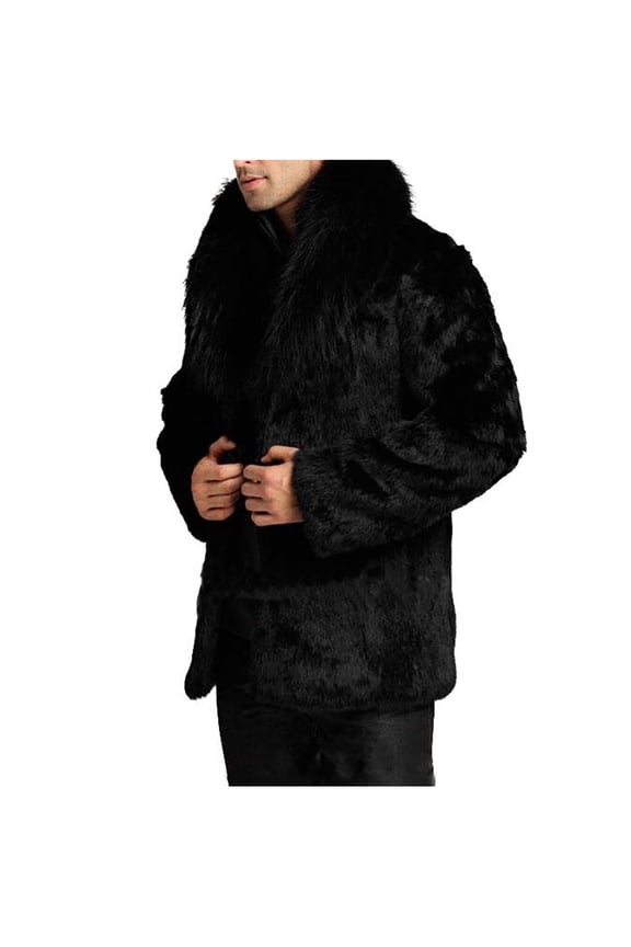 Men's Faux Fur Coat Long Classic Solid Jacket Turndown Collar Warm Furry Overcoat Outwear with Pockets Black XXL
