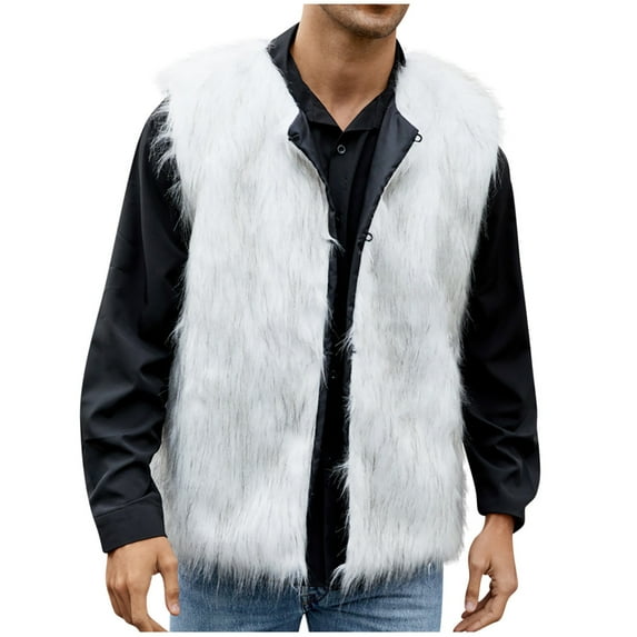 HOOMEUMY Men's Faux Fur Vest Hooded Winter Warm Open Front Casual Sleeveless Jacket Outerwear White XL