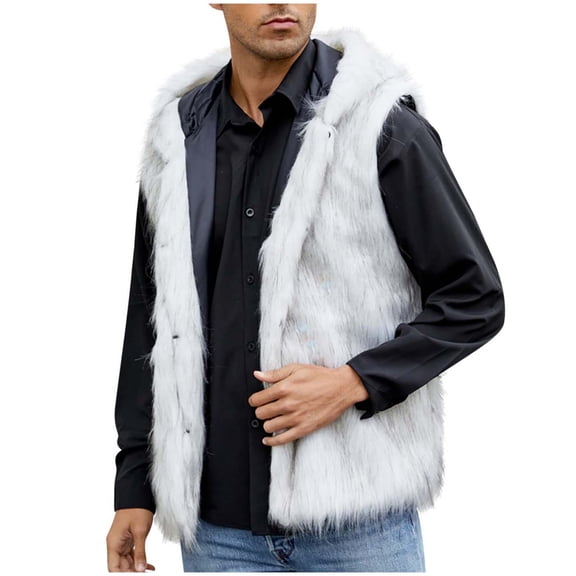 HOOMEUMY Men's Faux Fur Vest Hooded Winter Warm Open Front Casual Sleeveless Jacket Outerwear White XXL