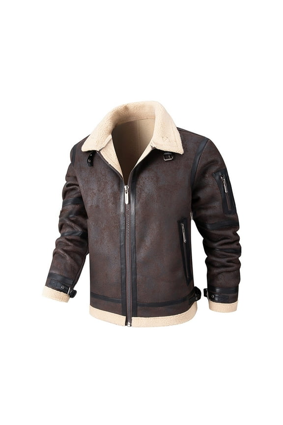 Men's Faux Leather Bomber Jacket Winter Warm Padded Fleece Lined Zipper Up Turndown Collar Flight Jacket with Pockets Coffee XL