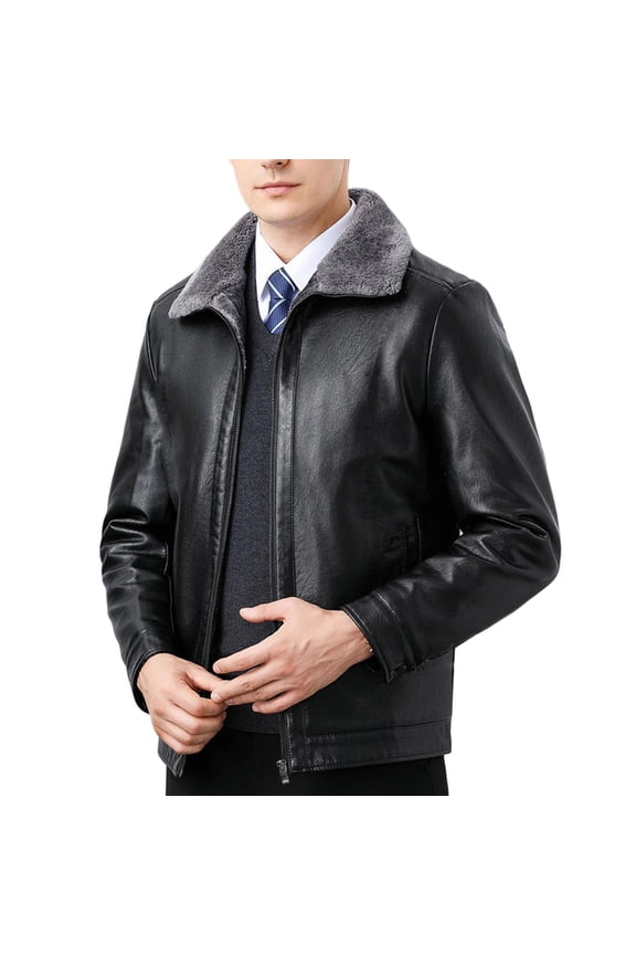 Men's Faux Leather Flight Outerwear With Warm Collar