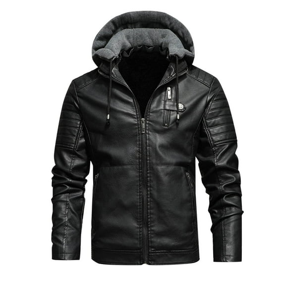HOOMEUMY Men's Faux Leather Jacket Hooded Drawstring Winter Warm Motorcycle Biker Jacket Fleece Lined Leather Coat Black L