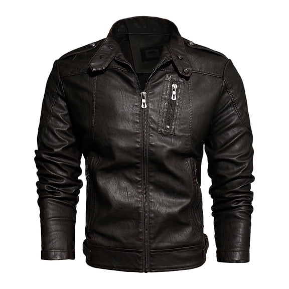 HOOMEUMY Men's Faux Leather Jacket Motorcycle Biker Jacket Faux Leather Winter Warm Zipper Stand Collar Long Sleeve Outwear Coffee M