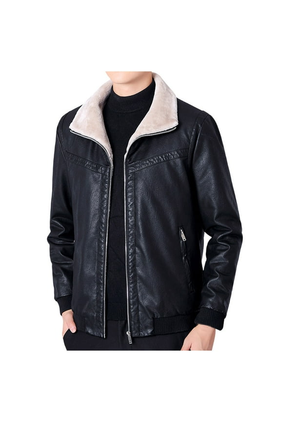 Men's Faux Leather Jacket Retro Solid Winter Warm Fleece Lined Zipper Up Motorcycle Bomber Jacket with Pockets Black M