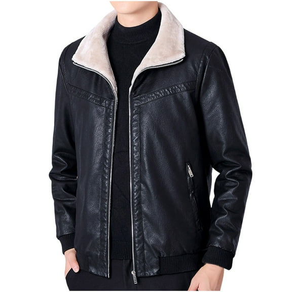 HOOMEUMY Men's Faux Leather Jacket Retro Solid Winter Warm Fleece Lined Zipper Up Motorcycle Bomber Jacket with Pockets Black XXL