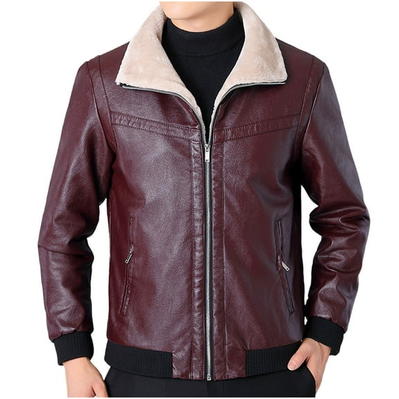 HOOMEUMY Men's Faux Leather Jacket Retro Solid Winter Warm Fleece Lined Zipper Up Motorcycle Bomber Jacket with Pockets Wine L