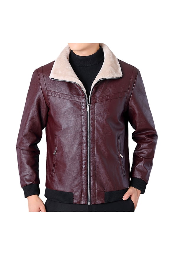 Men's Faux Leather Jacket Retro Solid Winter Warm Fleece Lined Zipper Up Motorcycle Bomber Jacket with Pockets Wine L