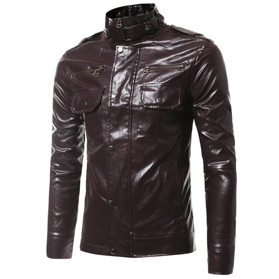 HOOMEUMY Men's Faux Leather Jacket Stand Collar Zipper Motorcycle Biker Jacket Casual Leather Coat with Multiple Pockets Coffee XL