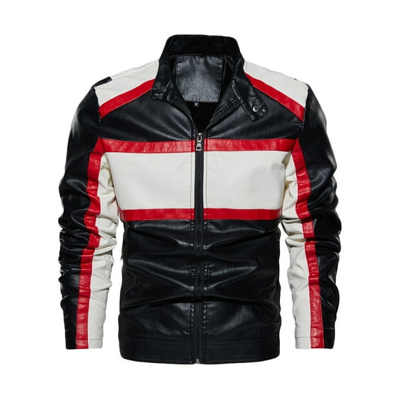 HOOMEUMY Men's Faux Leather Jacket Striped Zipper Stand Collar Motorcycle Outwear Black White Red Large Size White M