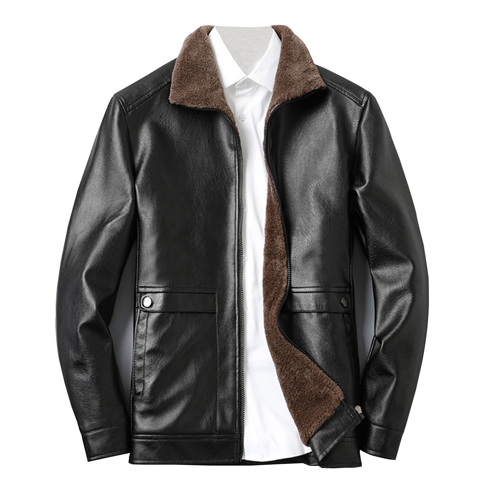 HOOMEUMY Men's Faux Leather Jacket Winter Warm Fleece Lined Zipper Turndown Collar Motorcycle Jacket with Pockets Black S