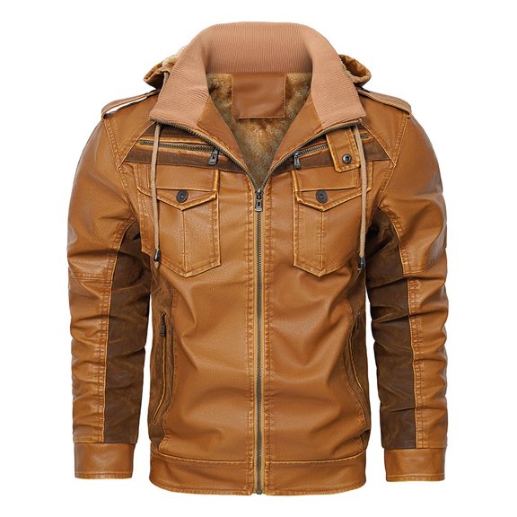 HOOMEUMY Men's Faux Leather Jacket Winter Warm Padded Hooded Zipper Motorcycle Leather Coat Slim Fit Outerwear Yellow XXXL