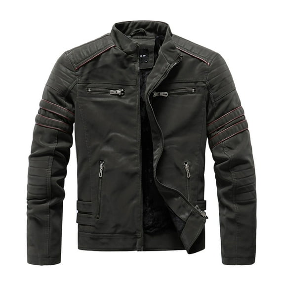 HOOMEUMY Men's Faux Leather Motorcycle Jacket Slim Fit Leather Zipper Moto Jacket with Red Stripe Detail Army Green XXL