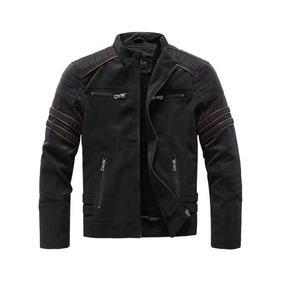 HOOMEUMY Men's Faux Leather Motorcycle Jacket Slim Fit Leather Zipper Moto Jacket with Red Stripe Detail Black L