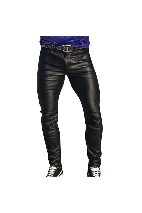 Men's Faux Leather Pants Casual Classic Solid Basic Punky Stretch Biker Skinny Fit Low Waist Trousers Black S
