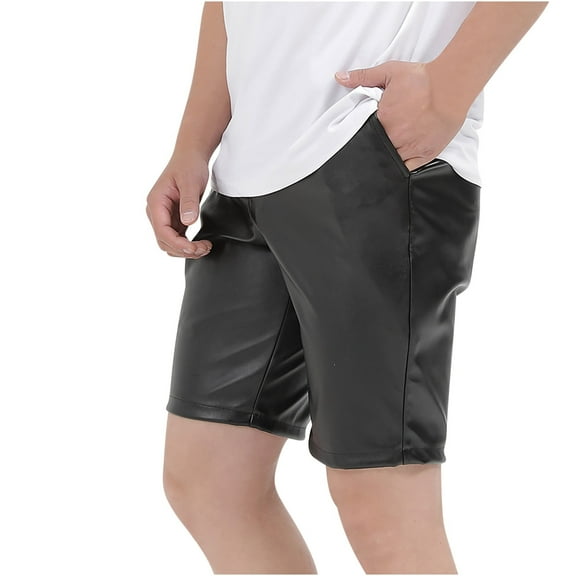 HOOMEUMY Men's Faux Leather Shorts Solid Color Zipper Fly Straight Pockets Faux Leather Shorts PU Leather Pants Black XXL