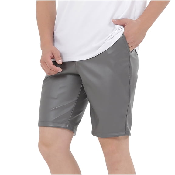 HOOMEUMY Men's Faux Leather Shorts Solid Color Zipper Fly Straight Pockets Faux Leather Shorts PU Leather Pants Gray XXL