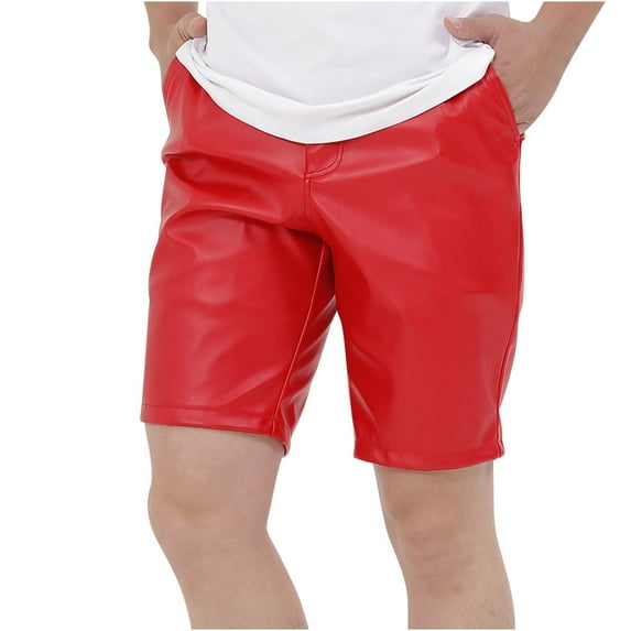 HOOMEUMY Men's Faux Leather Shorts Solid Color Zipper Fly Straight Pockets Faux Leather Shorts PU Leather Pants Red XL