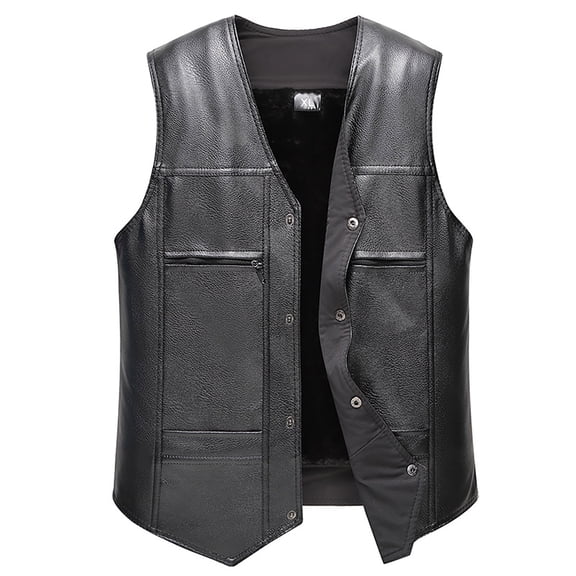 HOOMEUMY Men's Faux Leather Vest Button Up Sleeveless Jacket Winter Warm Fleece Lined Motorcycle Vest Outerwear Black XL
