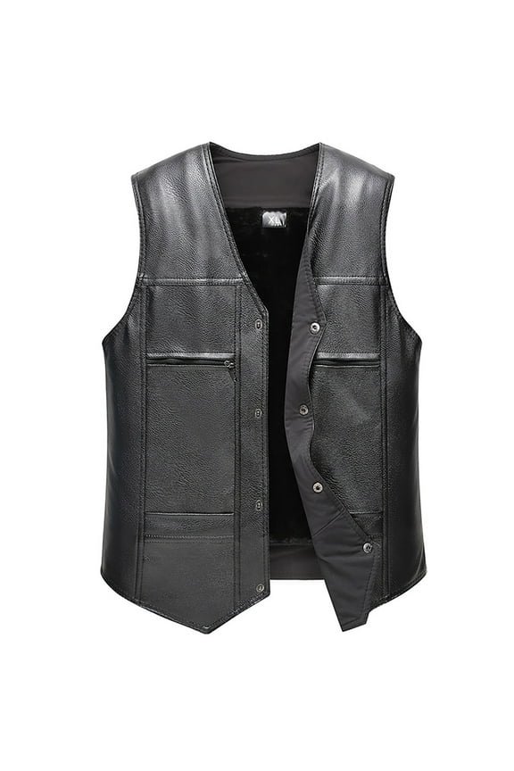 Men's Faux Leather Vest Button Up Sleeveless Jacket Winter Warm Fleece Lined Motorcycle Vest Outerwear Black XXL