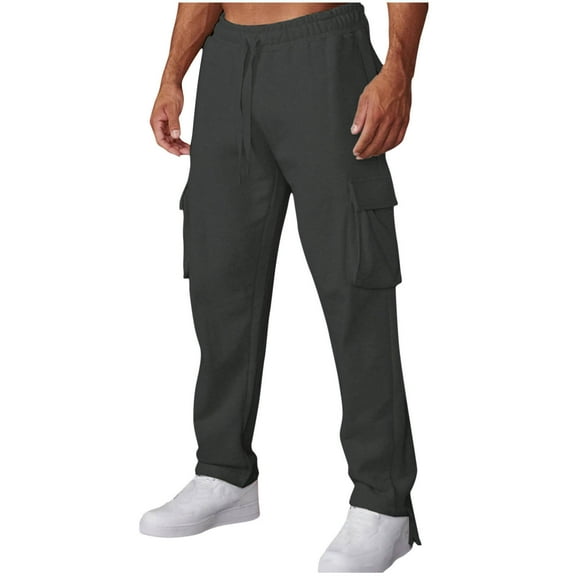 HOOMEUMY Men's Fleece Cargo Sweatpants Elastic Waist Drawstring Loose Joggers Open Bottom Athletic Pants for Men with Pockets Dark Gray 8