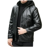HOOMEUMY Mens Fleece Lined Faux Leather Jacket Hooded Winter Warm Pu Leather Coat Zipper Outwear Motorcycle Jacket Black XL