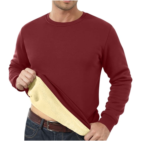 HOOMEUMY Men's Fleece Lined Sweatshirt Long Sleeve Classic Solid Thermal Crewneck Winter Warm Tops Pullover Wine S