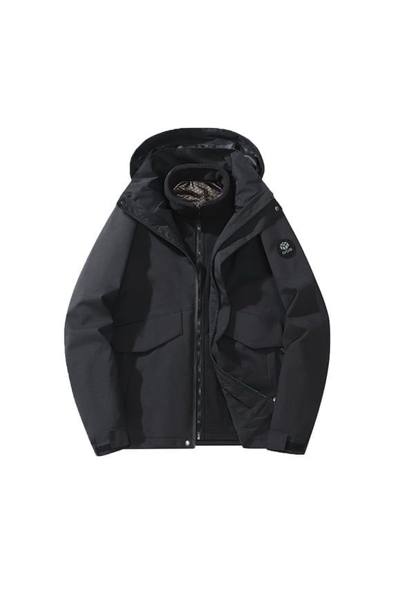 Men's Fleece Lined Windproof Waterproof Hooded Jacket Winter Warm Outerwear Thick Jacket Outdoor Sport Coat Black XL