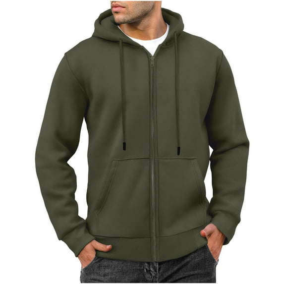 HOOMEUMY Men's Full Zip Hoodie Long Sleeve Sweatshirts Warm Fleece Lined Hooded Jacket Winter Outerwear Solid Color Sportwear Black Army Green L