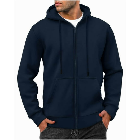 HOOMEUMY Men's Full Zip Hoodie Long Sleeve Sweatshirts Warm Fleece Lined Hooded Jacket Winter Outerwear Solid Color Sportwear Black Navy L