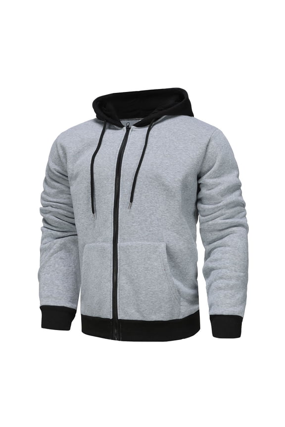 Men's Full Zip Hoodie Sweatshirt Long Sleeve Sweater Solid Color Hooded Jacket Warm Comfortable Outdoor Sports Wear Top b_Gray S