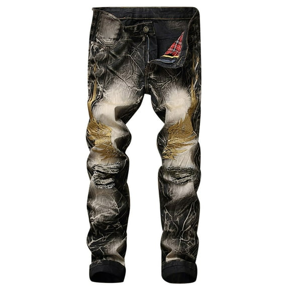HOOMEUMY Men's Gold Embroidery Biker Jeans Distressed Stretch Slim Fit Denim Pants Straight Destroyed Ripped Trousers Black L(32)