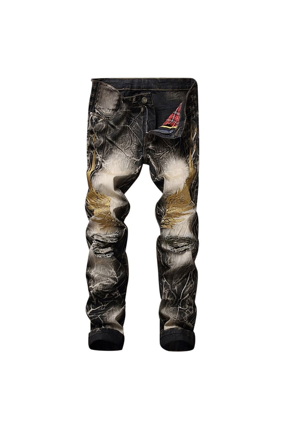 Men's Gold Embroidery Biker Jeans Distressed Stretch Slim Fit Denim Pants Straight Destroyed Ripped Trousers Black XXXXL(38)