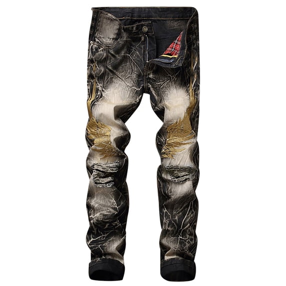 HOOMEUMY Men's Gold Embroidery Biker Jeans Distressed Stretch Slim Fit Denim Pants Straight Destroyed Ripped Trousers Black XXXXXL(40)